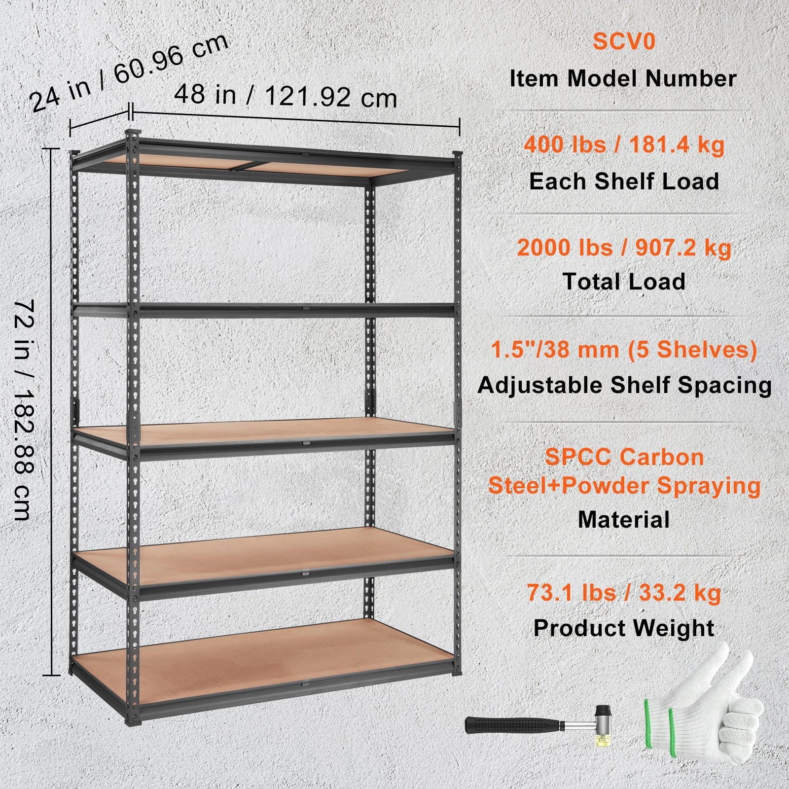 VEVOR Storage Shelving Unit, 5-Tier Adjustable, 2000 Lbs Capacity, Heavy Duty Garage Shelves Metal Organizer Utility Rack, Black, 48 L X 24 W X 72 H for Kitchen Pantry Basement Bathroom Laundry